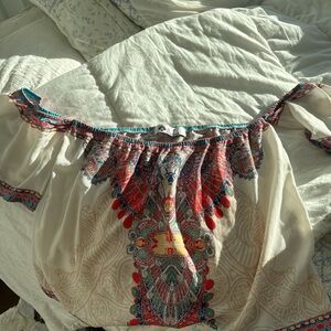 Bohemian Off-Shoulder Top with Red and Cream Pattern
